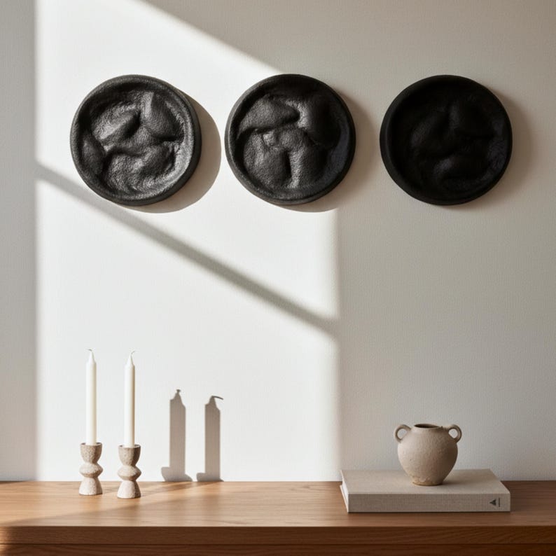 Wabi Sabi Wall Sculpture Set, Textured Black Round Art, Japandi Minimalist Decor image 2