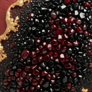 May include: Close-up of a decorative object with a textured surface. The object features a mix of black and deep red, gem-like elements. Gold-colored, ornate detailing is visible along the edge, set against a dark red background.