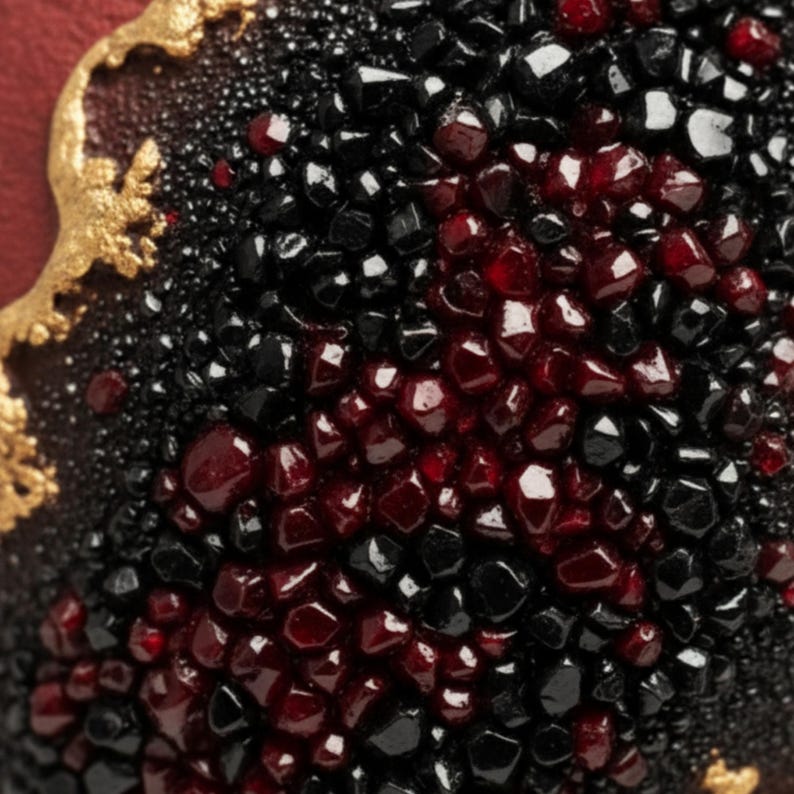 May include: Close-up of a decorative object with a textured surface. The object features a mix of black and deep red, gem-like elements. Gold-colored, ornate detailing is visible along the edge, set against a dark red background.