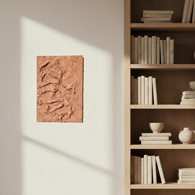 May include: A terracotta-coloured, textured rectangular wall art piece. It's mounted on a white wall, with shadows across it. A wooden bookshelf filled with books is in the background, suggesting a home decor theme.