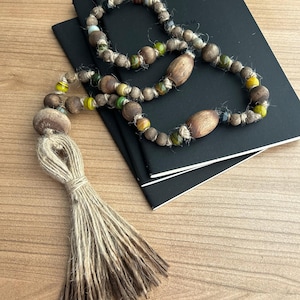 Handmade Rustic Wooden Beads Garland with Jute Tassel , Boho Bead Garland, Earthy Tones Farmhouse Decor, Sustainable Art Gift