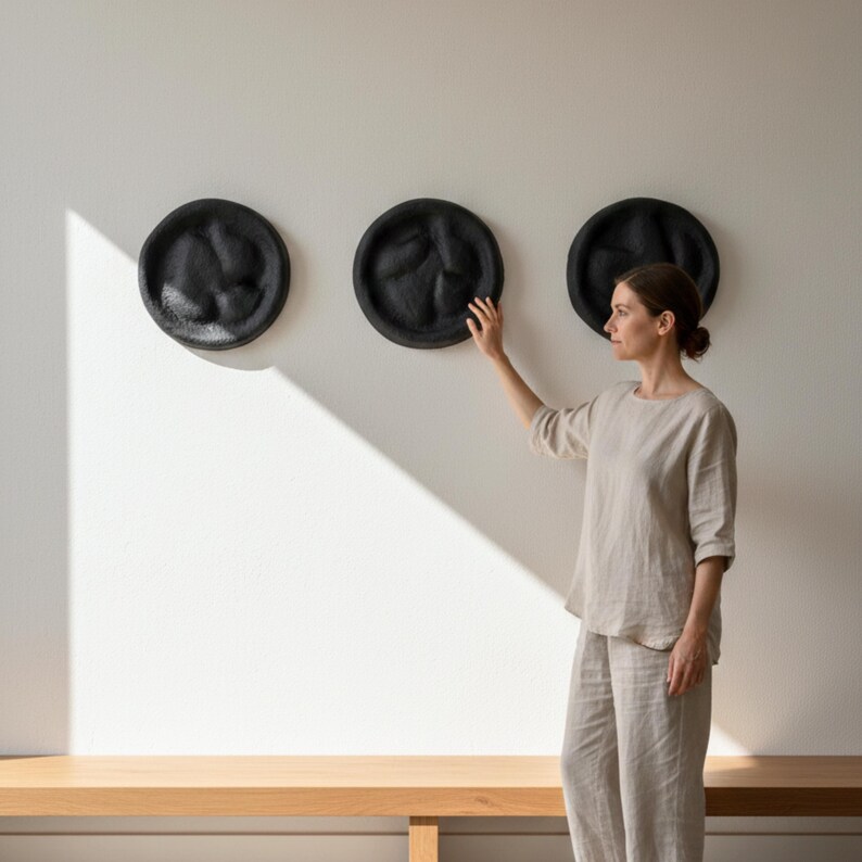 Wabi Sabi Wall Sculpture Set, Textured Black Round Art, Japandi Minimalist Decor image 6