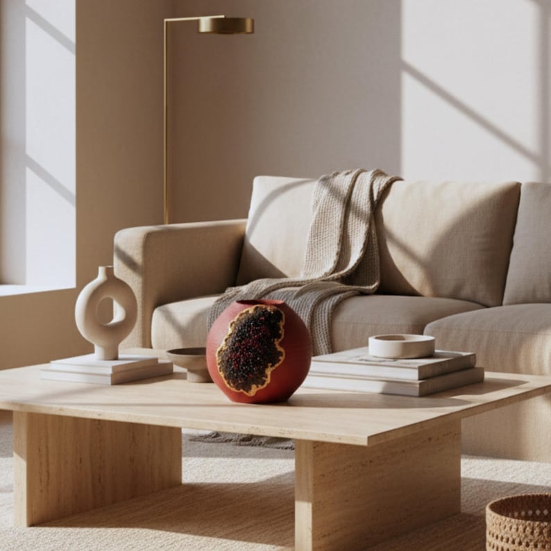 May include: A living room scene featuring a light beige sofa, a wooden coffee table, and decorative items. A red and brown decorative vase with a unique design sits on the table, alongside a stack of books and a small, round, white object. A beige throw blanket rests on the sofa.