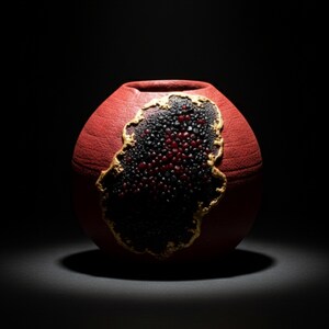 May include: A round, red ceramic vase with a textured surface. A dark, irregular patch of black and red textured material is set into the vase, framed by a gold-colored border. The vase is set against a dark background.