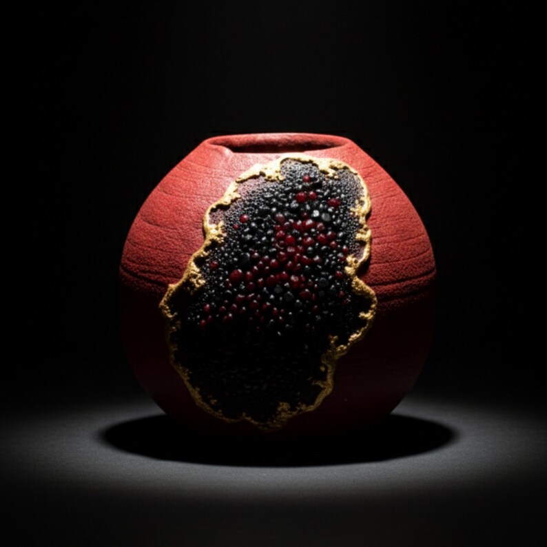 May include: A round, red ceramic vase with a textured surface. A dark, irregular patch of black and red textured material is set into the vase, framed by a gold-colored border. The vase is set against a dark background.
