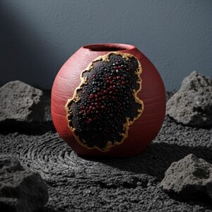 May include: A round, red ceramic vase with a textured surface. A large, irregular black and red design with gold trim adorns the front. The vase sits on a bed of dark gray pebbles, with several dark gray rocks surrounding it.