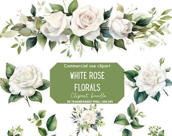 White Rose and Greenery Clipart | White Rose Clipart | Watercolor Flowers | Wedding Clipart | Clipart for Commercial Use | Transparent PNG