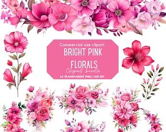 Helder roze bloemen clipart | Roze bloem | Felroze bloem | Bruiloft clipart | Bruiloft uitnodiging | Bruiloft bloemen | Aquarel Boeketten