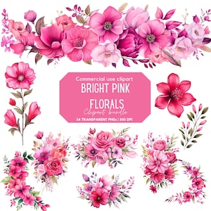 Bright Pink floral Clipart | Pink flower | Hot pink Flower | Wedding Clipart | Wedding Invitation | Wedding florals | Watercolor Bouquets