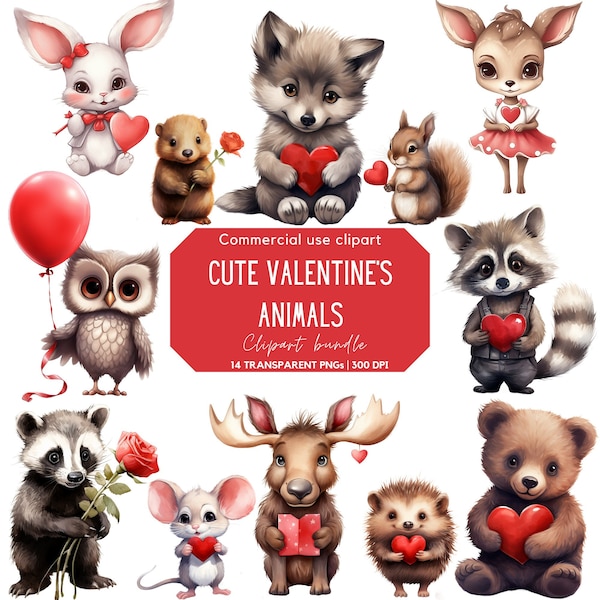 Valentines Cute Animal Clipart | Baby Animals | |Romantic Clipart | Bear | Fox | Deer | Rabbit | Clipart for Commercial Use |Transparent PNG