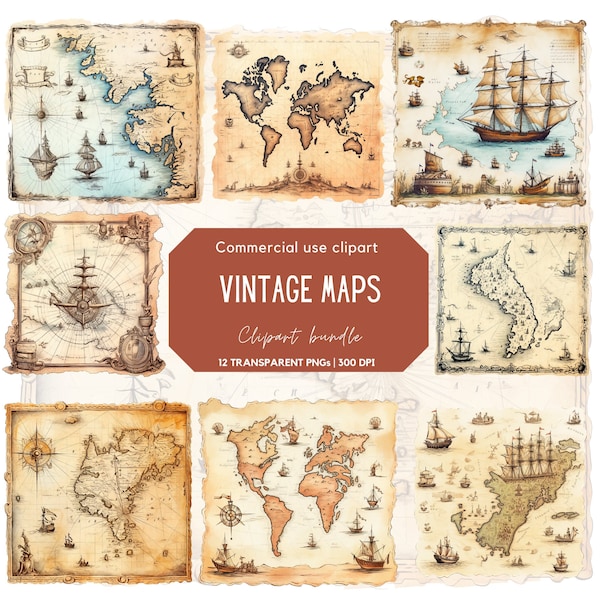Vintage Maps Clipart Pack | World Maps | Map paper | Digital Scrapbooking | Old Vintage Map | Map Of World  Travel Junk Journal