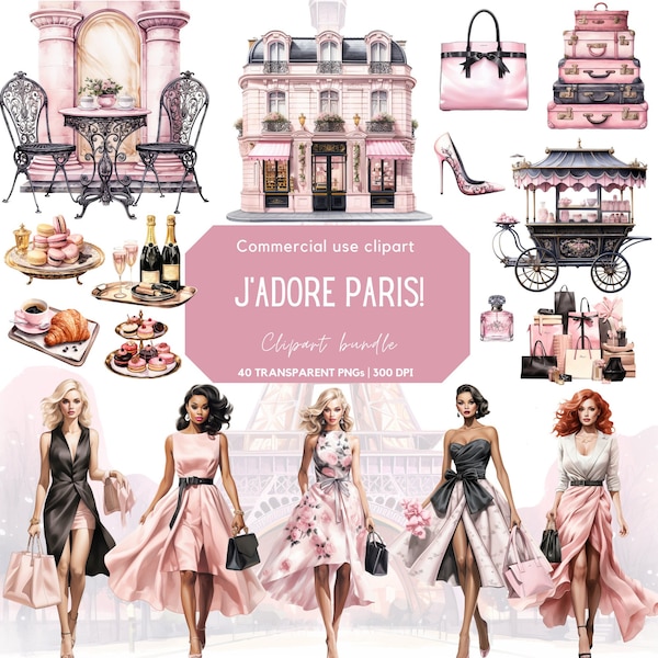 Watercolor J'adore Paris Clipart | Eiffel Tower | High Fashion | Arc de Triompf | Shopping | Couture | Croissant | Macaroon | Champagne