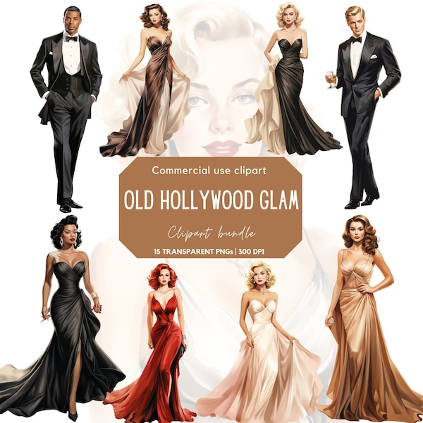 Watercolor Hollywood Glam Ladies and Gents | Old Hollywood | Glamorous ladies and gents | Vintage dresses | Cocktail dress | Tuxedo