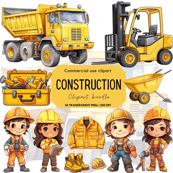 Watercolor Construction worker Clipart | Dumptruck | Construction site | Dumper truck | Forklift | Mixer truck | Digger | Nursery decor