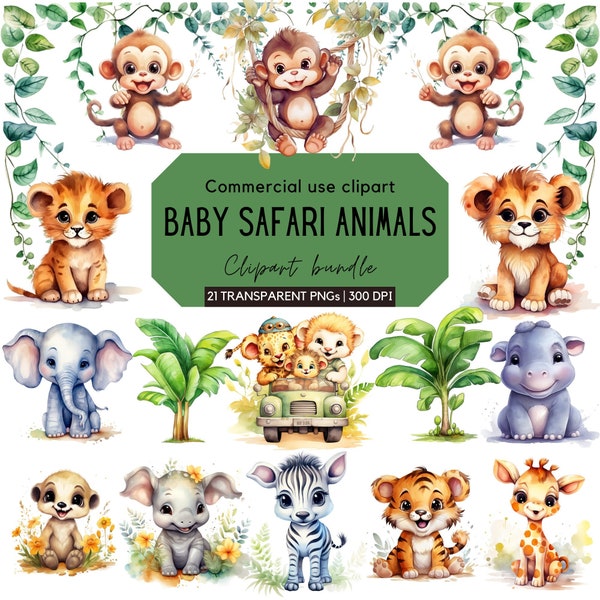 Watercolor Baby Safari Animals Clipart | Jungle Clipart | Baby Shower | Nursery art | Clipart for Commercial Use | Transparent PNGs