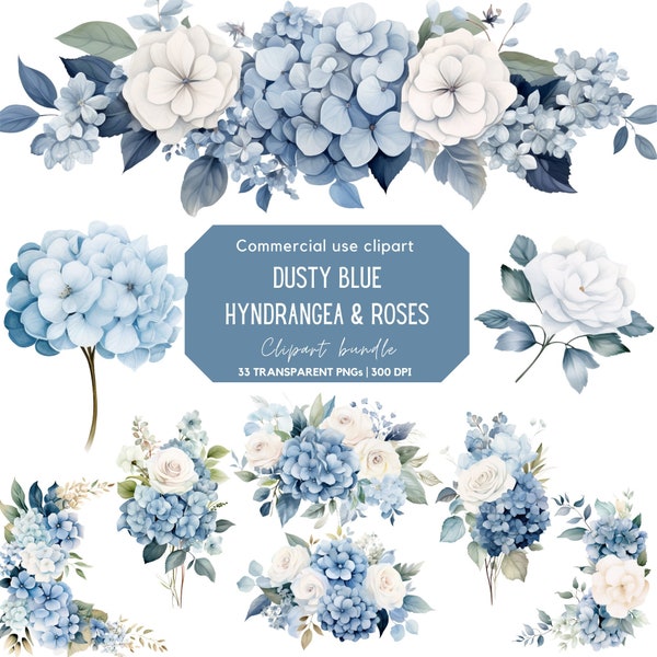 Watercolor Dusty Blue Hydrangea and Rose Floral Clipart | Blue Flowers | Hydrangea Flowers | Wedding flowers | Wedding invitation