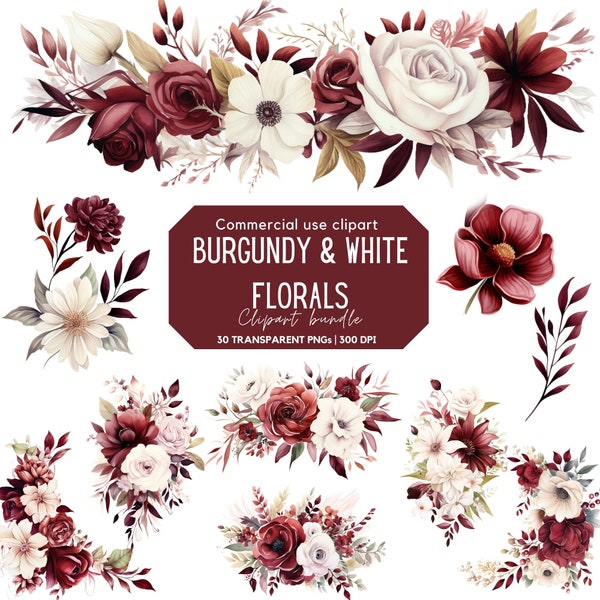 Burgundy and White floral Clipart | Burgundy Wedding | Watercolor Flowers | Wedding Clipart | Wedding Invitation | Burgundy Bouquet