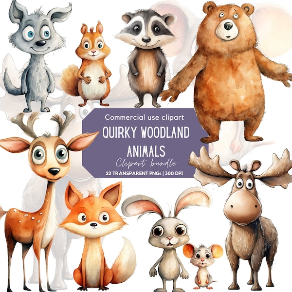 Quirky Woodland animal Clipart | Baby Animals | Cute animal | Nursery decor | Baby shower | Bear | Deer | Fox | Squirrel | Mouse | Wolf