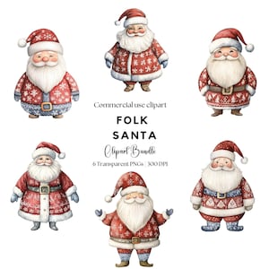 Clipart Père Noël folklorique à l'aquarelle | Père Noël scandinave | Art populaire de Noël | Père Noël vintage | Père Noël rouge | Décoration de Noël