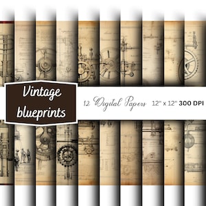 Vintage technische blauwdruk digitale papieren | Technische tekening | Ongewenst dagboekpapier | Patenttekening png | Mechanische blauwdruk | Steampunk