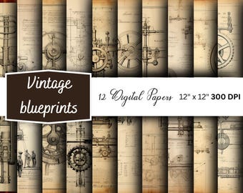 Vintage Technical Blueprint Digital Papers | Technical Drawing | Junk Journal Paper | Patent Drawing Png | Mechanical Blueprint | Steampunk