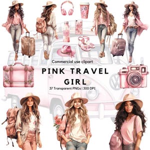 Clipart fille de voyage rose aquarelle | Voyage entre filles | Fille avec une valise | Voyage bohème | Voyage chic | Aventure | Randonnée pédestre | Été