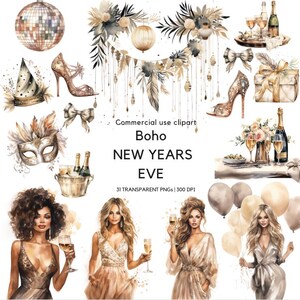 Boho à l'aquarelle du Nouvel An des cliparts | Saint-Sylvestre douillet | Bonne année | Neutre | Clipart pour usage commercial | PNG transparents