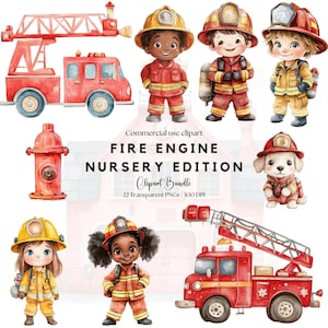 Clipart per cameretta dei bambini con camion dei pompieri / Pompiere / Vigile del fuoco / Caserma dei pompieri / Camion dei pompieri / Sicurezza antincendio png / Bambini carini con pompiere / Decorazioni per cameretta dei bambini