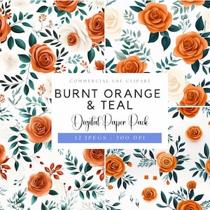 Burnt Orange & Dark Teal Digital Papers | Dark Teal Wedding | Fall Florals | Burnt orange Wedding | Boho florals | Rust Orange Flowers