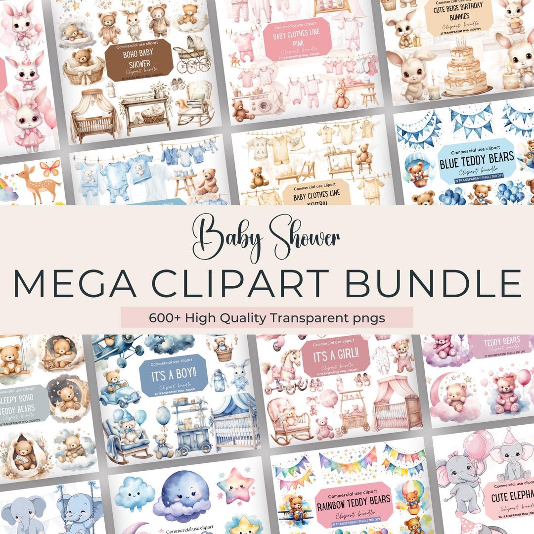 Watercolor Baby Shower Clipart Mega Bundle: Boho Teddy Bear, Bunny ...