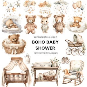 Clipart baby shower bohème | Baby Shower sans distinction de sexe | Clipart chambre d'enfant | Ours en peluche png | Vêtements bébé png | Révélation du genre | Nouveau-né