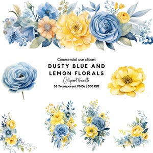 Dusty Blau und Zitrone Blumen Clipart | Dusty Blue Blumen | Gelb floral | Blumen Hochzeit |Hochzeitseinladung | Taubenblaue Blumen | Aquarell