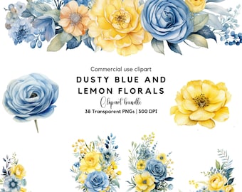 Dusty Blue & Lemon Watercolor Floral Clipart: Wedding Invitation Graphics