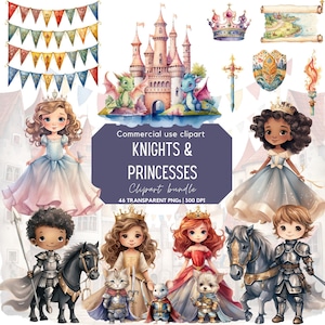 Märchen Ritter und Prinzessin Clipart | Märchenschloss | Die kleine Prinzessin Png | Mittelalterliche Stadt | Süßer Drache | Prinzessin Geburtstag | Kinderzimmer