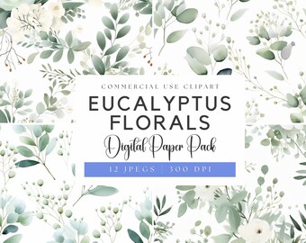 Papeles digitales de eucalipto en acuarela: Diseño floral para bodas (JPEG)