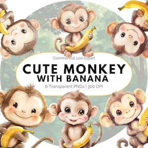 Schattige babyaap met bananensafari regenwoud jungle clipart, aquarel decor kinderkamer, babyshower en brutale aap eerste verjaardag