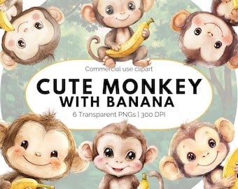 Słodka małpka z bananem, Safari w dżungli, clipart, akwarelowa dekoracja pokoju dziecięcego, baby shower i pierwsze urodziny, zuchwała małpka