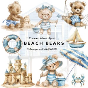 Ours de plage mignons clipart | Bébé ours | Ours marin | nautique | Nounours bleu | Ours mignon | Oursons en peluche à l'aquarelle | Décoration de chambre d'enfant