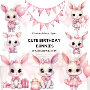 Aquarell Pink Geburtstag Bunny Clipart | Niedliches Kaninchen | Kawaii Häschen | Niedliches Häschen | Babypartyeinladung rosa | Rosa Geburtstagseinladung