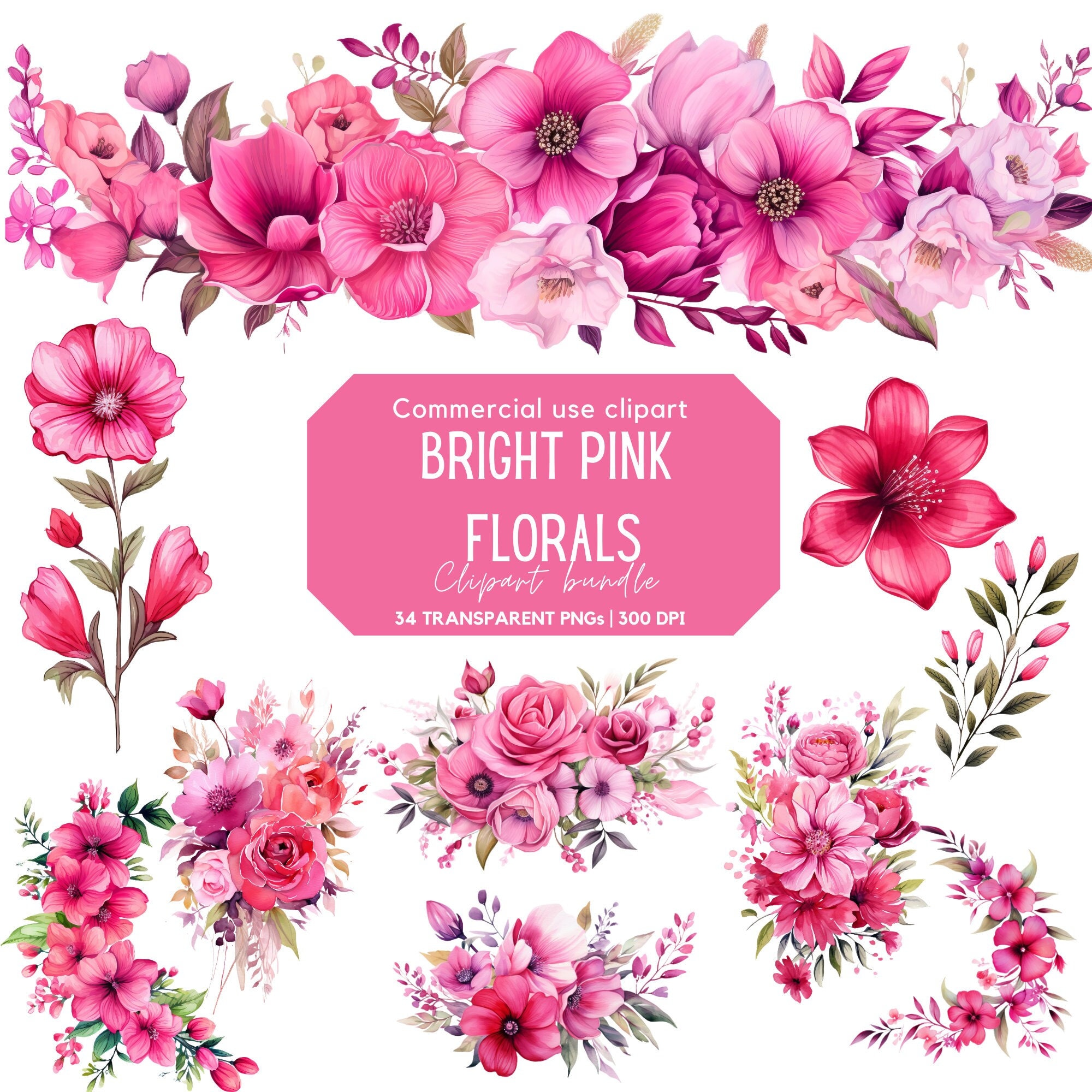 Bright Pink Floral Clipart Pink Flower Hot Pink Flower Wedding Clipart