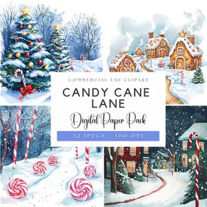 Papiers numériques Candy Cane Lane | Voie des cannes en bonbon png | Scène de Noël | Fond de Noël | Papiers de Noël | Illustration de Noël