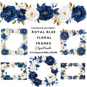 Aquarel koningsblauwe bloemen frame clipart | Blauwe bloem png | Blauw en goud | Vintage bloemen | Blauwe bruiloftsbloemen | Trouwuitnodiging