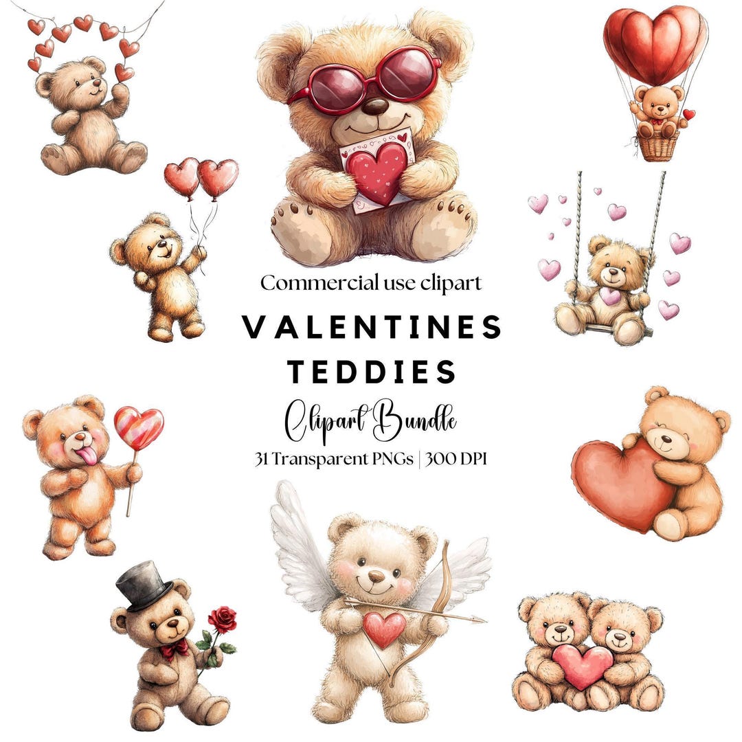 Watercolor Valentines Teddy Bear Clipart | Valentine Bear Png | Teddy ...