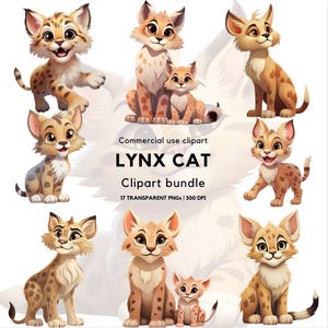 Lince de acuarela de dibujos animados Clipart / Lince por sublimación / Ilustración de lince / Clipart de vida silvestre / Animal del bosque / Clipart de animales / Gato salvaje