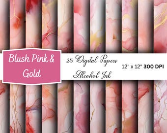 Blush Pink & Gold Alcohol Ink Texture Clipart: Commercial Use PNGs