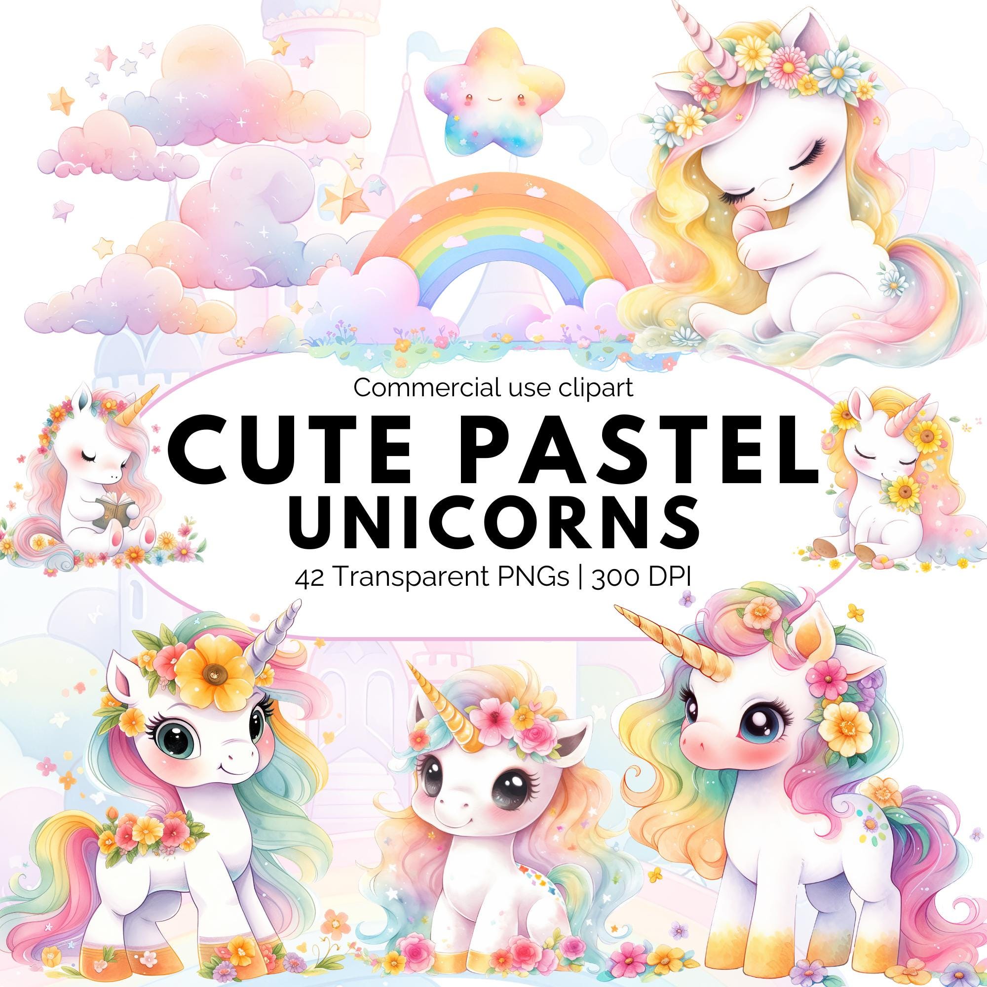 Cute Pastel Unicorn Clipart Bundle, Watercolor Baby Unicorn PNG ...