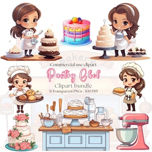 Chef pâtissier mignon Clipart | Pâtisserie | Personnage mignon de boulanger | Party de pâtisserie | Gâteau | Pâtissière | Petit Chef | Ustensiles de cuisson | Gâteau de mariage