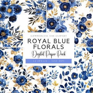 Aquarel koningsblauwe bloemen clipart | Blauwe bloem png | Blauw en goud | Vintage bloemen | Blauwe bruiloftsbloemen | Trouwuitnodiging