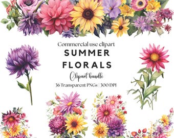 May include: A digital collection of floral illustrations featuring dahlias, sunflowers, and various wildflowers in shades of pink, purple, yellow, and green. The text reads: Commercial use clipart SUMMER FLORALS Clipart bundle 36 Transparent PNGs | 300 DPI.