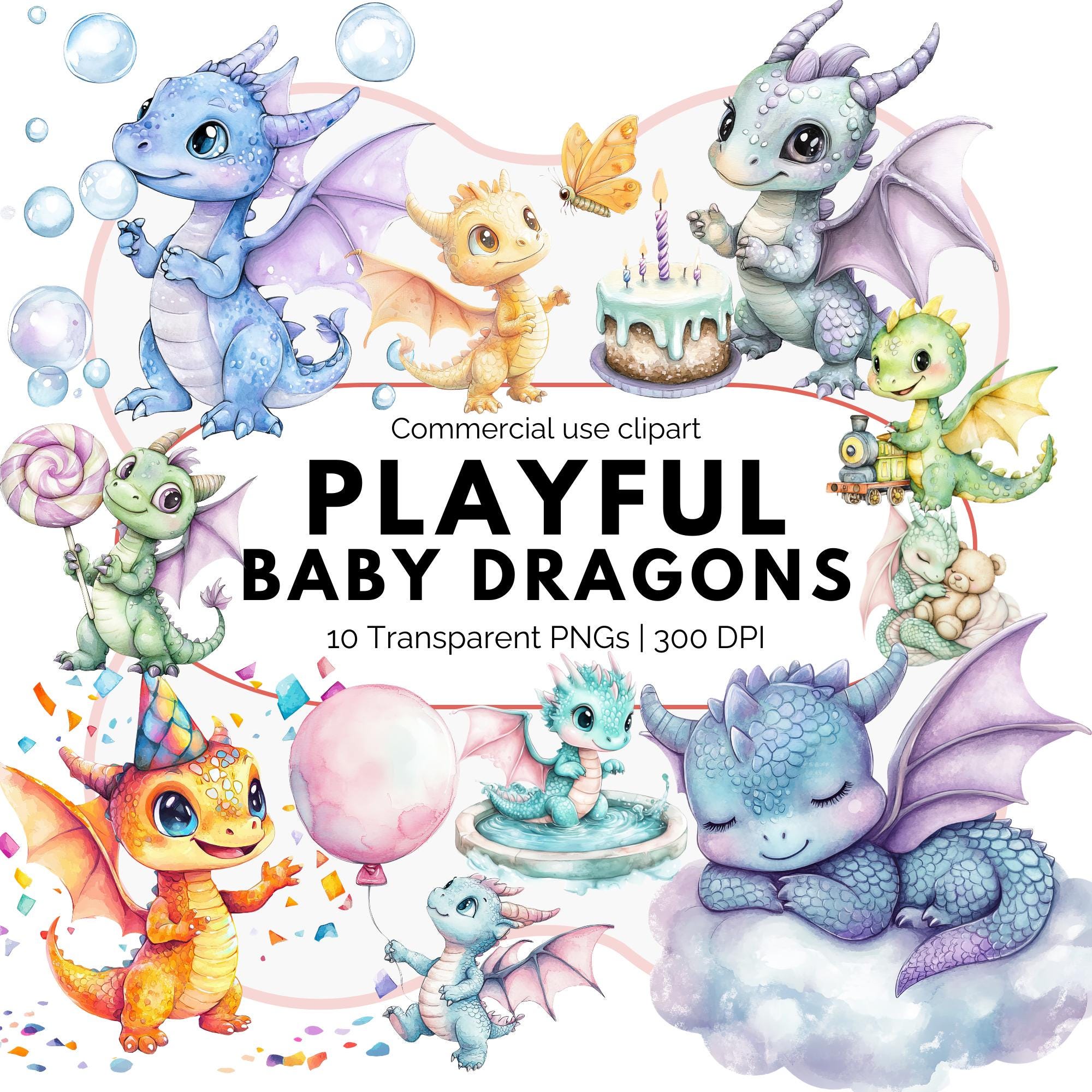 Baby Dragon Clipart Bundle, Cute Watercolor Dragons PNG, Fantasy Dragon ...